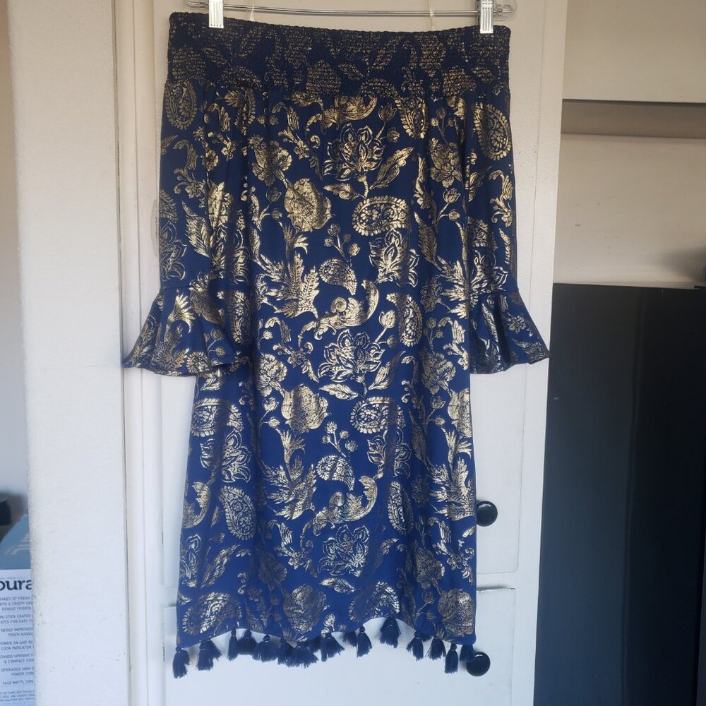 Cabana Blue and Gold off the shoulder Dress Size Medium